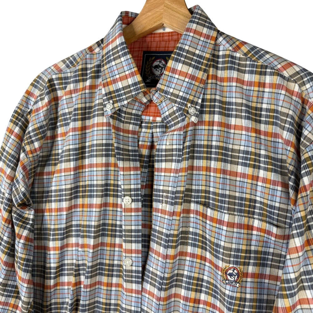 Cinch Mens Plaid Button Down Shirt Orange Blue Long Sleeve Cotton Size M